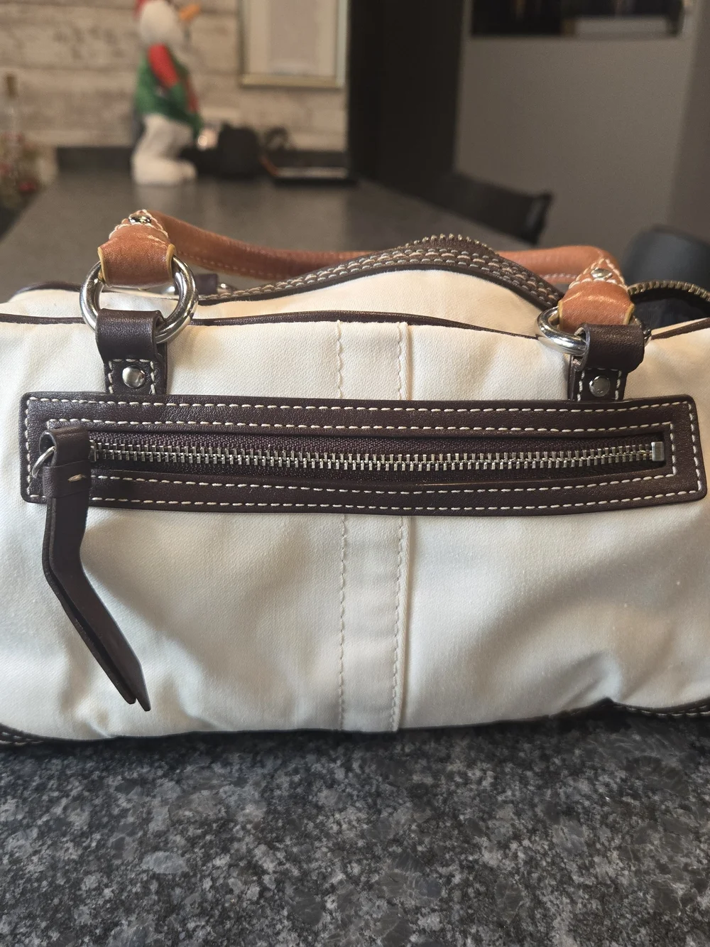 Coach Cream Satchel with Brown Trim and Flower Charm Accent